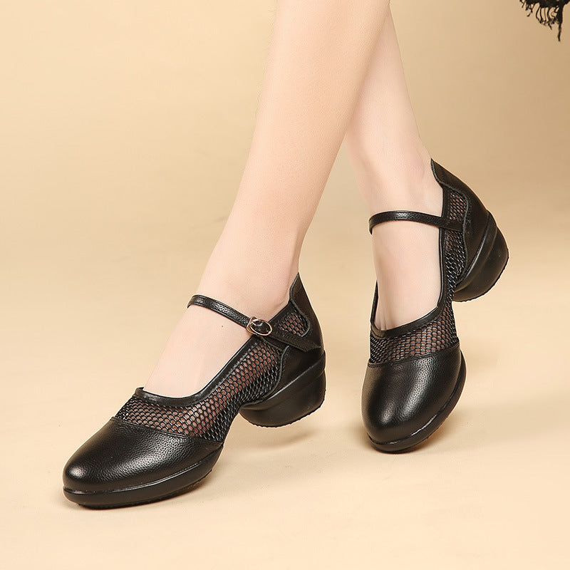 Women's Leather Mesh Lace-up 4cm Heel Dance Sneakers Practice Dance Shoes Jazz Dance