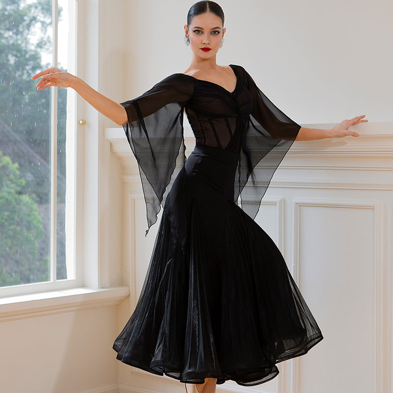 TID-Women's Black Chiffon Ballroom Bodysuit Dance Tops Dance Wear