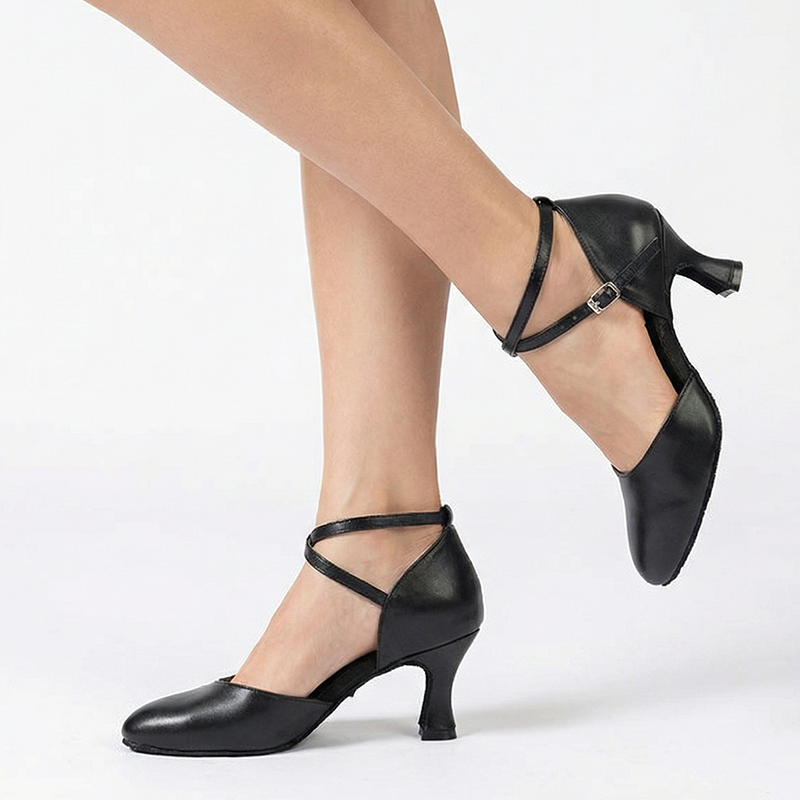 Women's Black Real Leather 7cm Heels Modern With Buckle Ballroom Dance Shoes Modern Dance Shoes