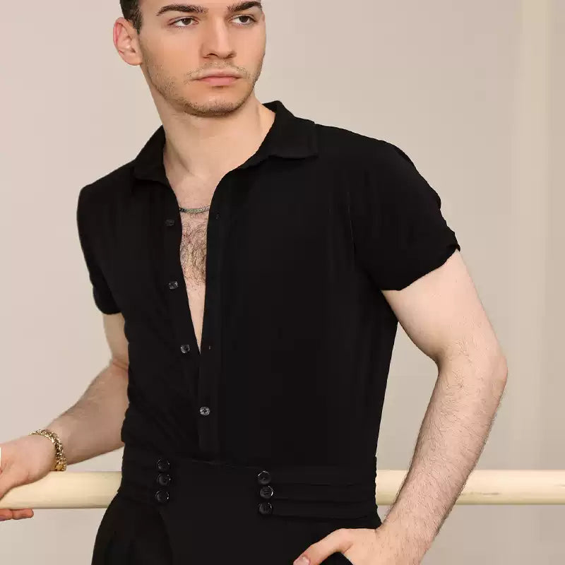YES Men's Black Short Sleeves Latin Dance Tops Dance Wear