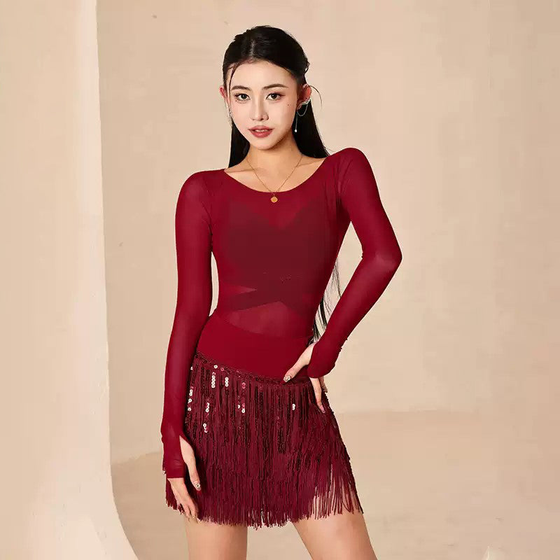 YES Women's Red Long Sleeves Dance Tops Bodysuit Leotards Practice DanceWear