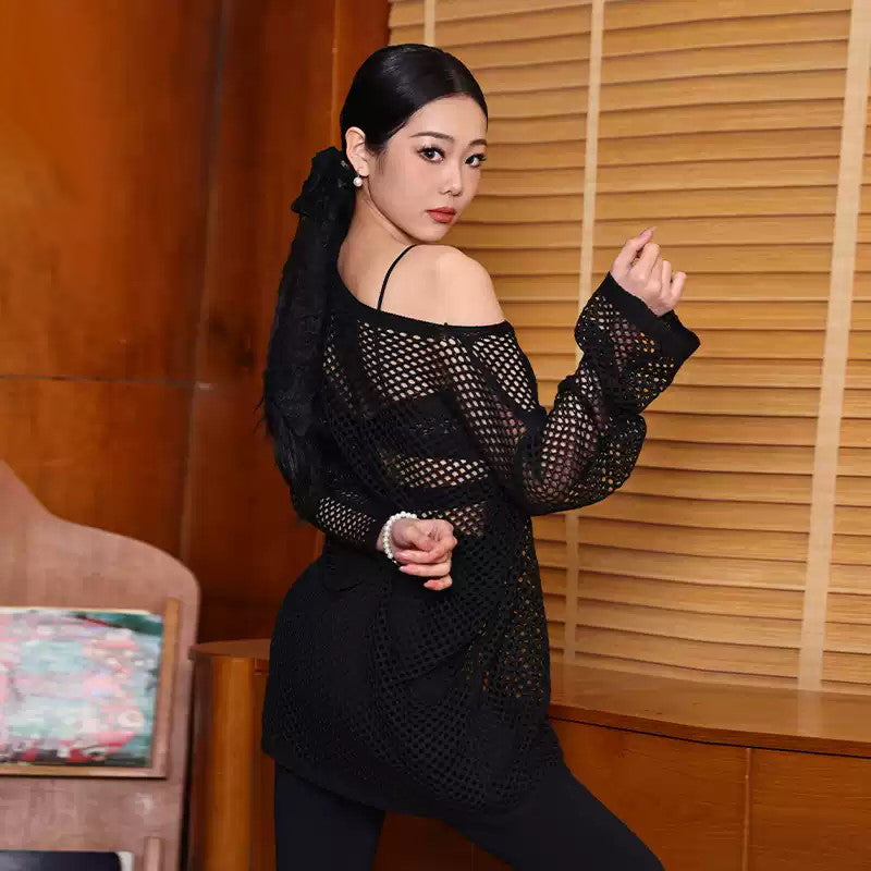 YES Women's Black Mesh Long Sleeve Latin Dance Dress Dance Wear Training Performance Dress