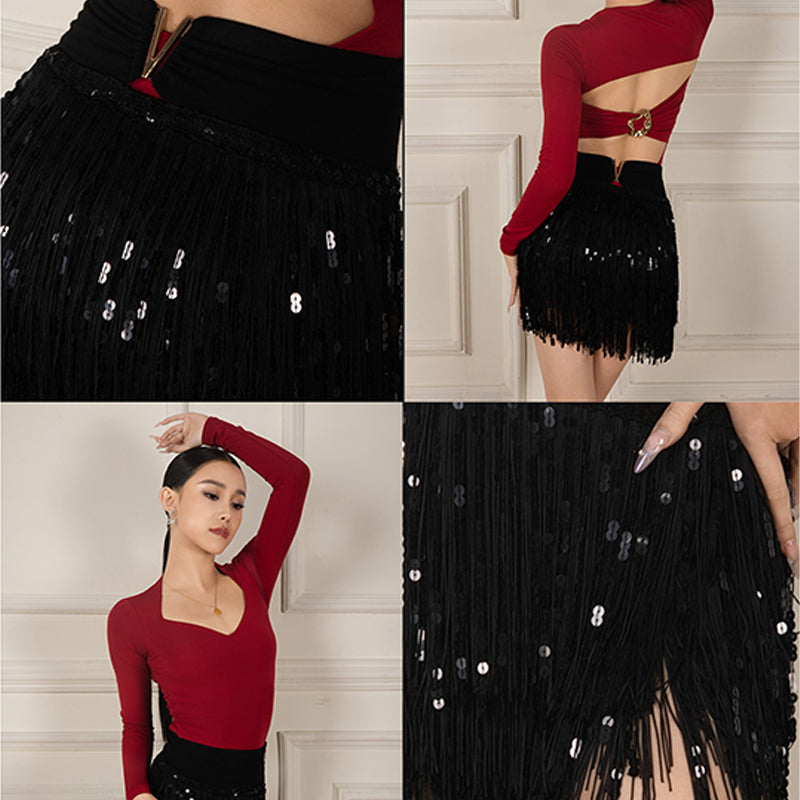 Yes Women's Black Sequin Tassel Latin Dance Skirt Training Performance Skirts DanceWear