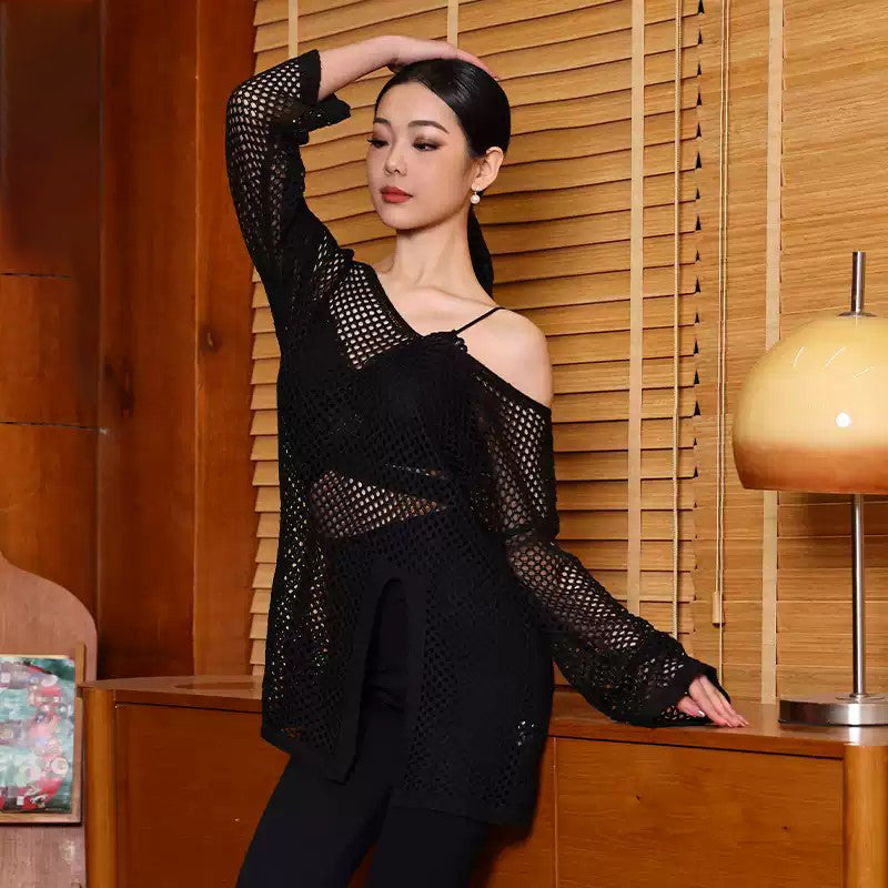 YES Women's Black Mesh Long Sleeve Latin Dance Dress Dance Wear Training Performance Dress