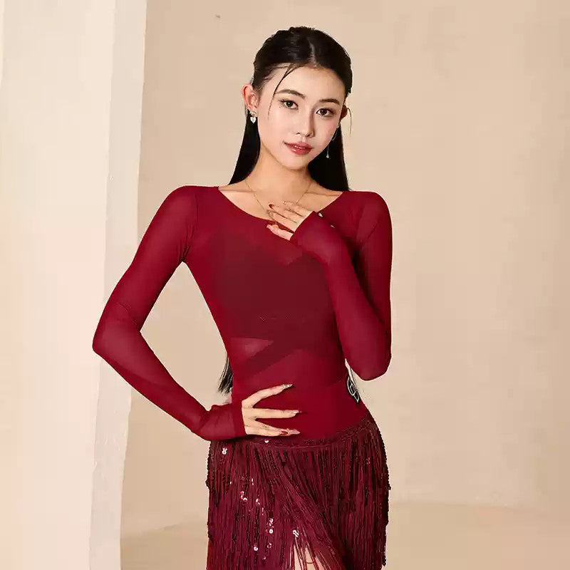 YES Women's Red Long Sleeves Dance Tops Bodysuit Leotards Practice DanceWear