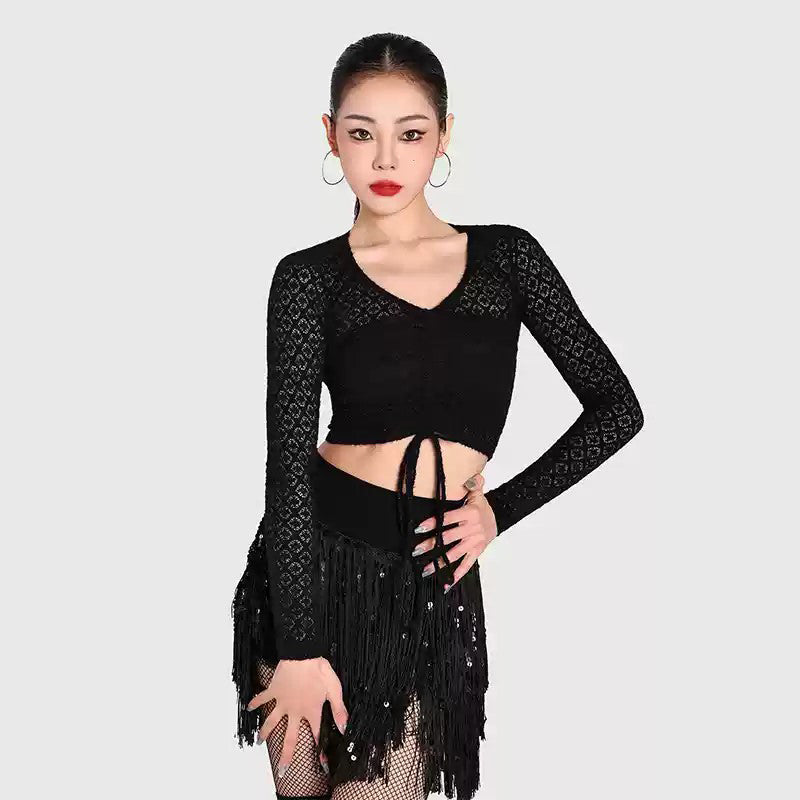 Yes Women's Black Sequin Tassel Latin Dance Skirt Training Performance Skirts DanceWear