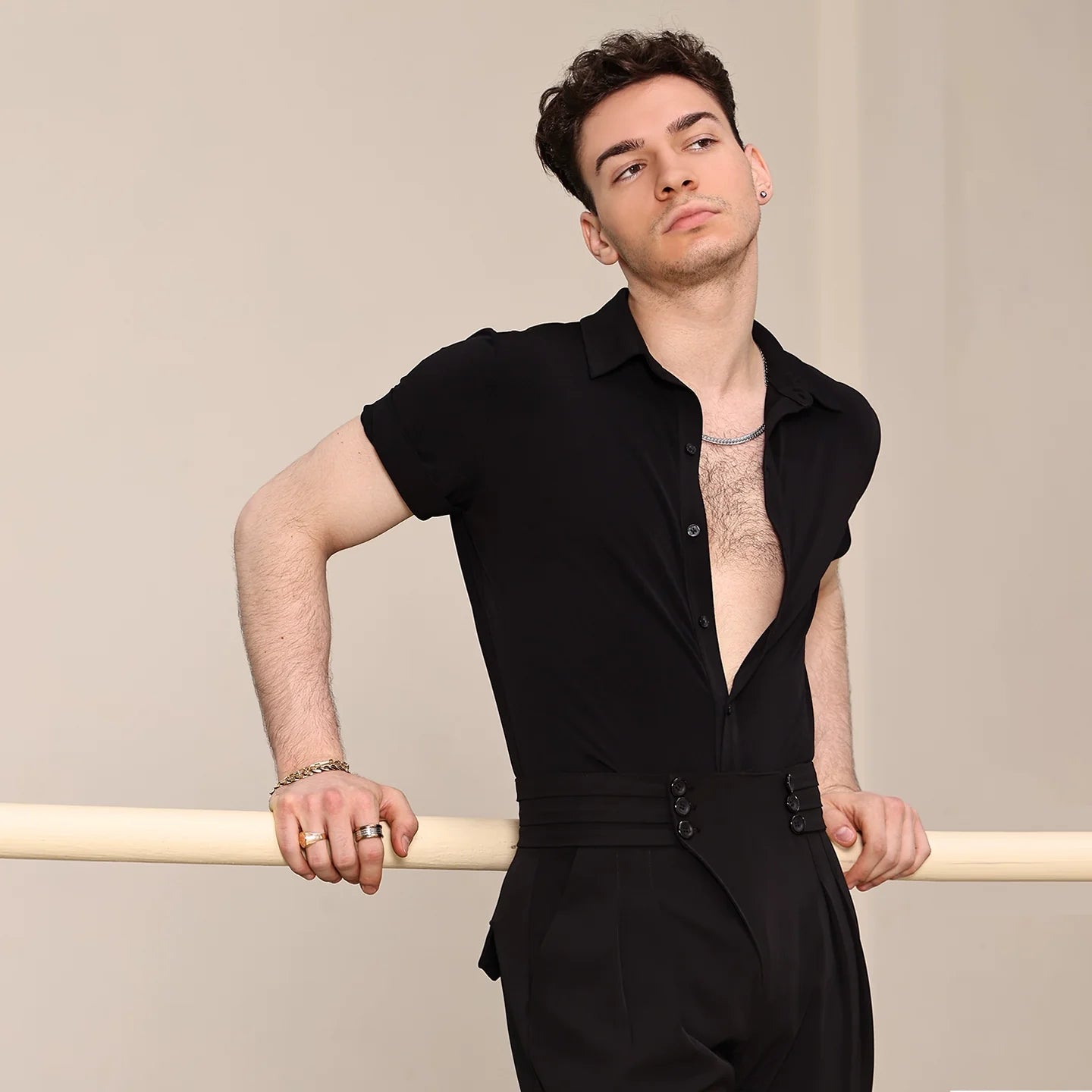 YES Men's Black Short Sleeves Latin Dance Tops Dance Wear
