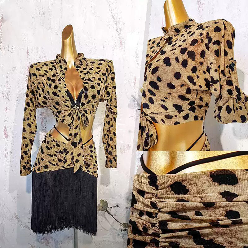YJFY Women's Leopard Tassel Latin Dance Sets Dance Wear Training Performance Dress Sets (With Bra)