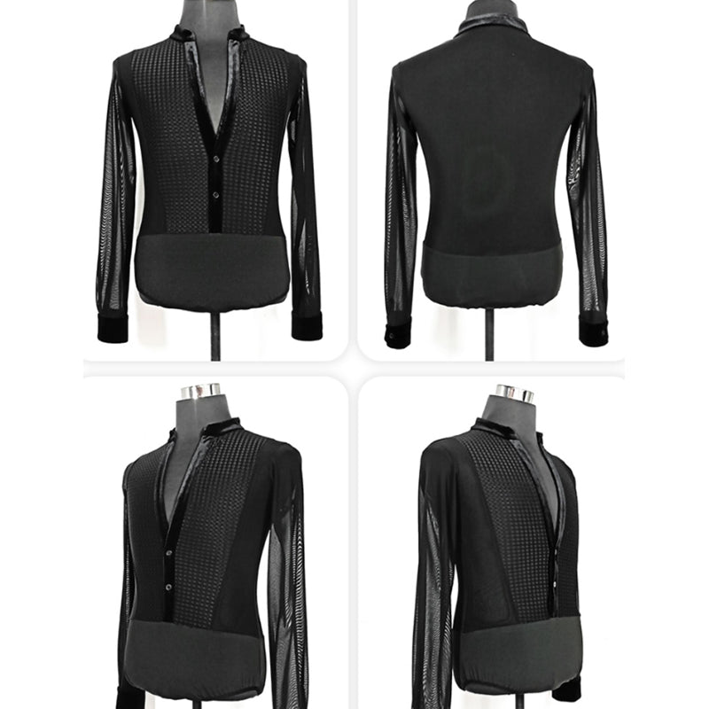YJFY Men's Long Sleeve V Neck Latin Dance Tops Dance Wear