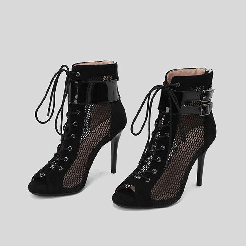 AJ Women's 10 cm Heel Rubber Sole Leatherette Jazz Shoes Open Toe Dance Heels Boots