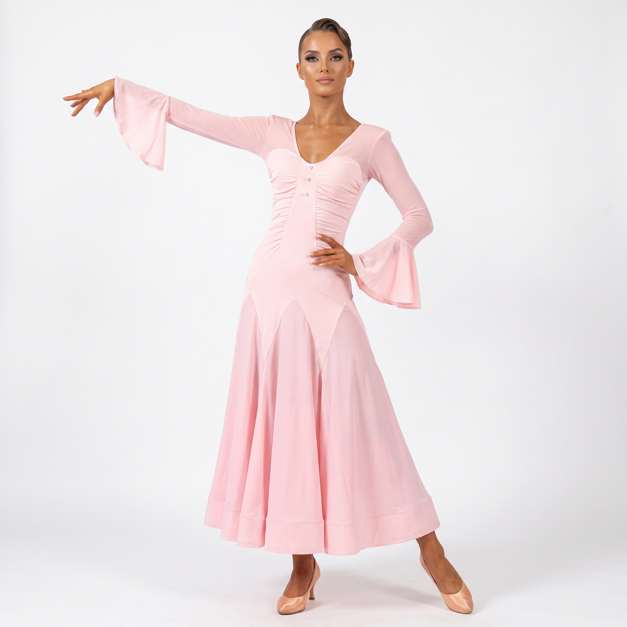 Customisable-Women's Pink V-neck Long Sleeve DanceWear Ballroom Dance Dress