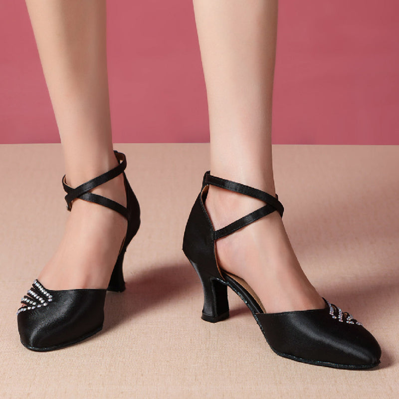 HW Women's Black Satin Customized Heels Ballroom Dance Shoes Modern Shoes