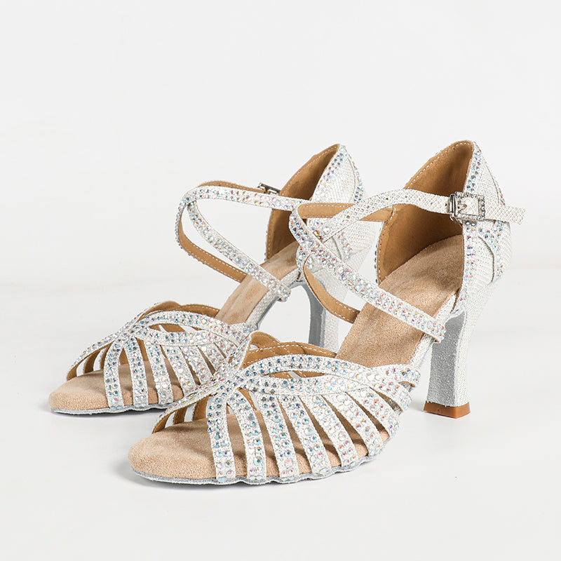 Women's Sparking Gliiter Customized Heel White Latin Bride Dance Shoes