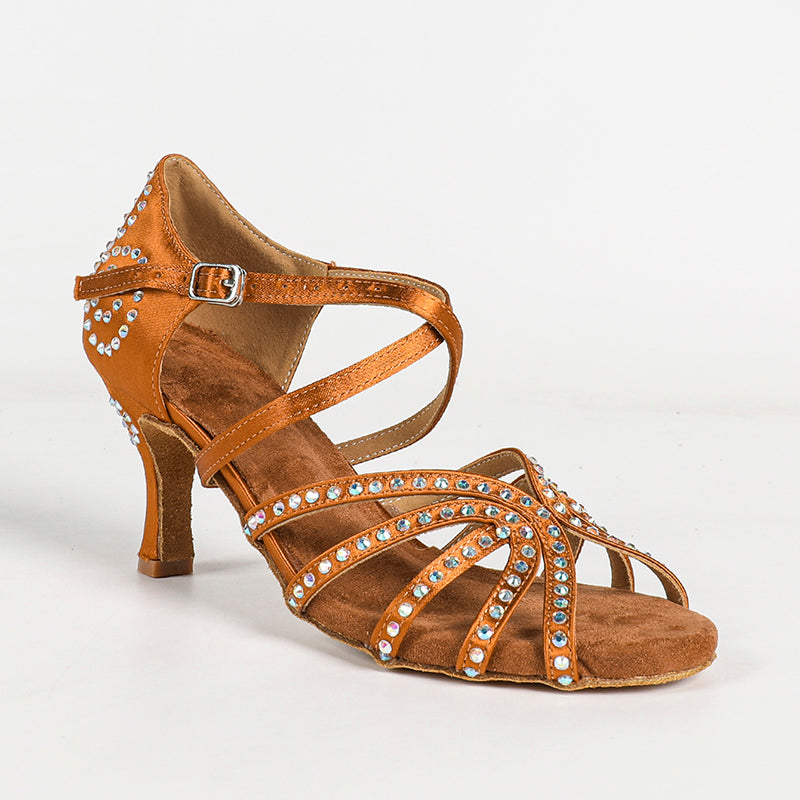 Women's Bronze Customized Heel Satin Rhinestones Strappy Latin Dance Shoes