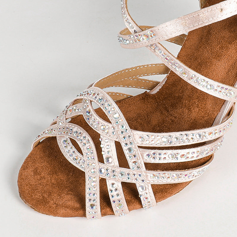 Women's Pink Customized Heel Satin Rhinestones Strappy Dance Shoes