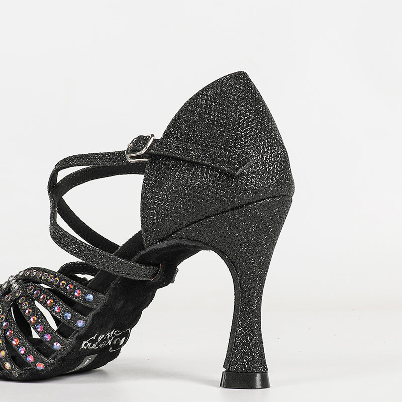DS Women's Black Satin Rhinestones Sandal Customized Heel Latin Dance Shoes Dance Heels