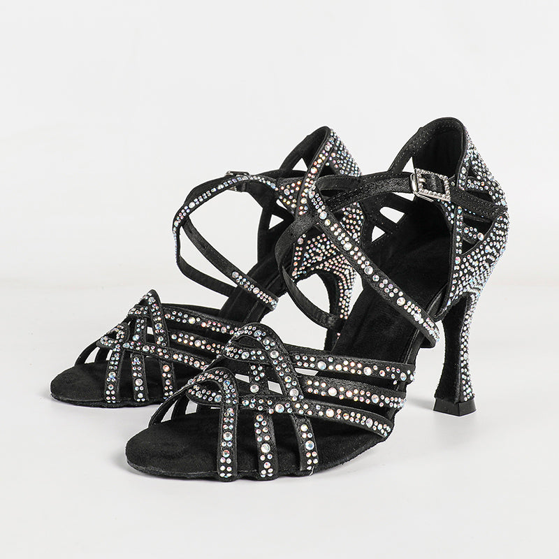 Women's Black Customized Heel Satin Rhinestones Strappy Dance Shoes
