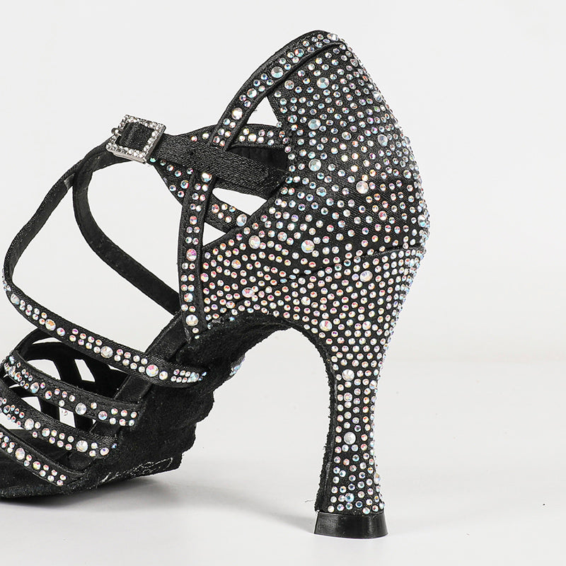 Women's Black Customized Heel Satin Rhinestones Strappy Dance Shoes
