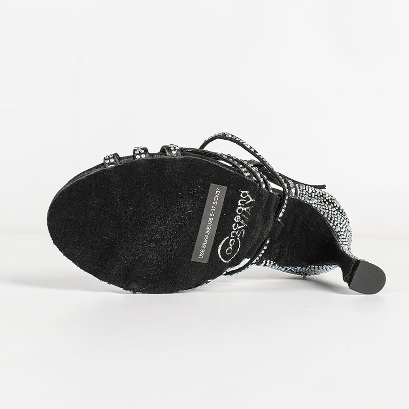 Women's Black Customized Heel Satin Rhinestones Strappy Dance Shoes