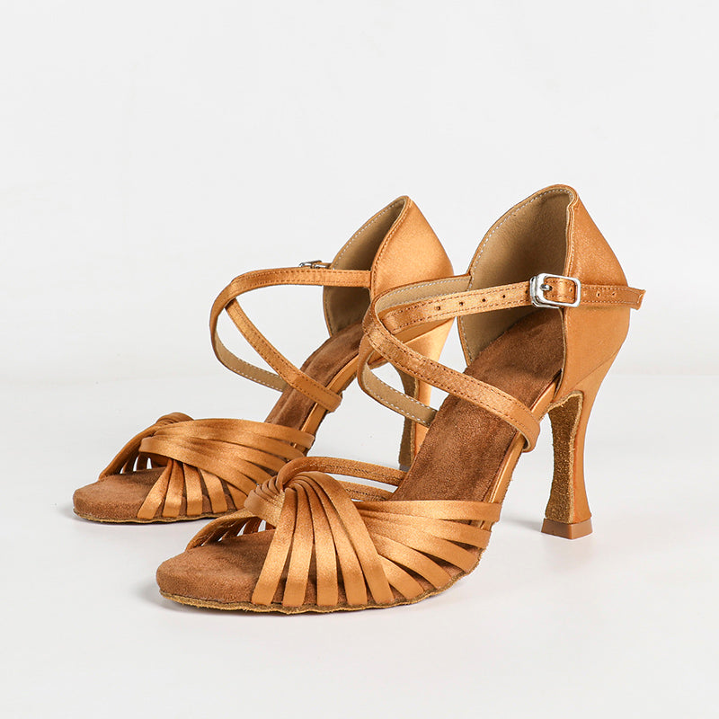 Women's Brown Satin Customized Heel Ballroom Latin Dance Shoes