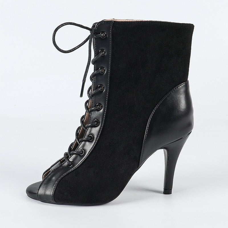 Women's Customized Heel Suede Jazz Shoes Rubber Sole Open Toe Cut Out Bootie Dance Boots