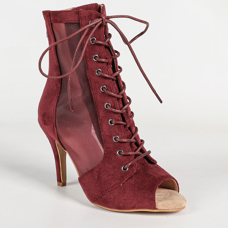 Women's PU Rubber Sole Wine Red Customized Dance Heels Boots Jazz Salsa Dancing Shoes