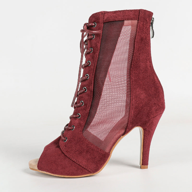 Women's PU Rubber Sole Wine Red Customized Dance Heels Boots Jazz Salsa Dancing Shoes