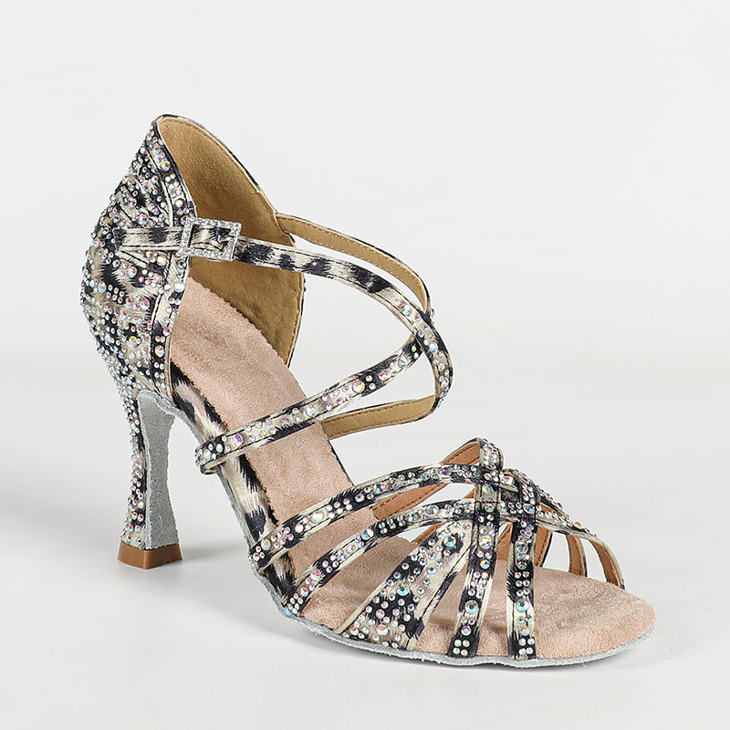 Women's Leopard 9cm Heel Strappy Satin Rhinestones Sandal Latin Dance Shoes