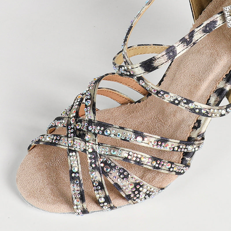 Women's Leopard 9cm Heel Strappy Satin Rhinestones Sandal Latin Dance Shoes