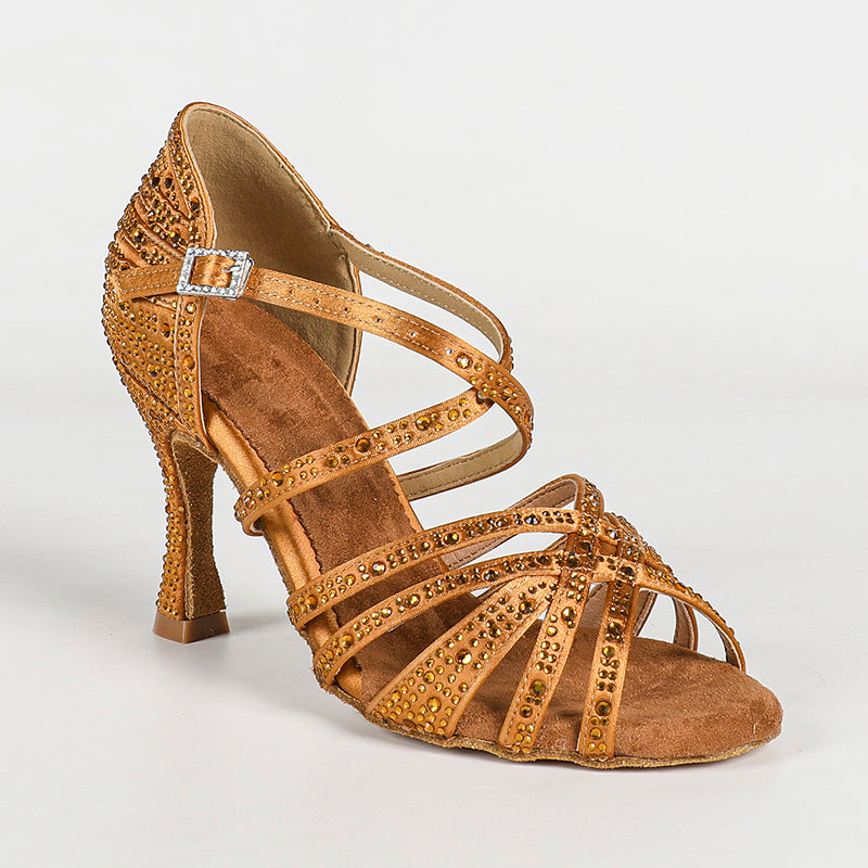 Women's Brown 9cm Strappy Satin Rhinestones Sandal Latin Dance Shoes