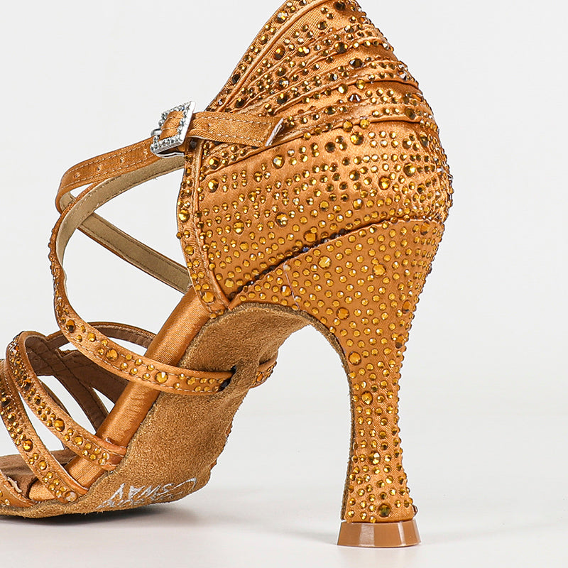 Women's Brown 9cm Strappy Satin Rhinestones Sandal Latin Dance Shoes