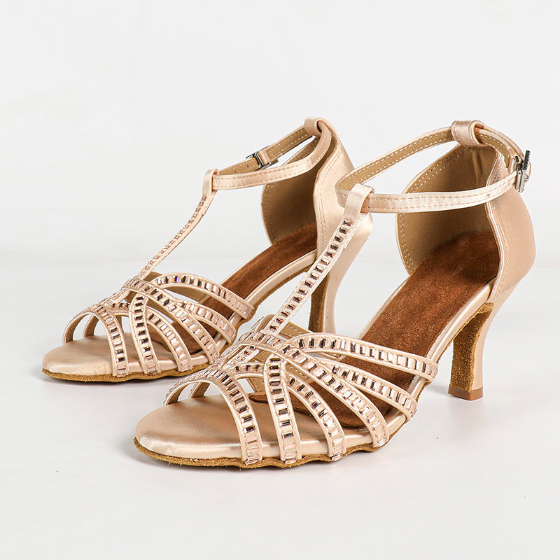 Women's Bronze Customized Heel Open Toe Satin Strappy Dance Shoes With Crystals