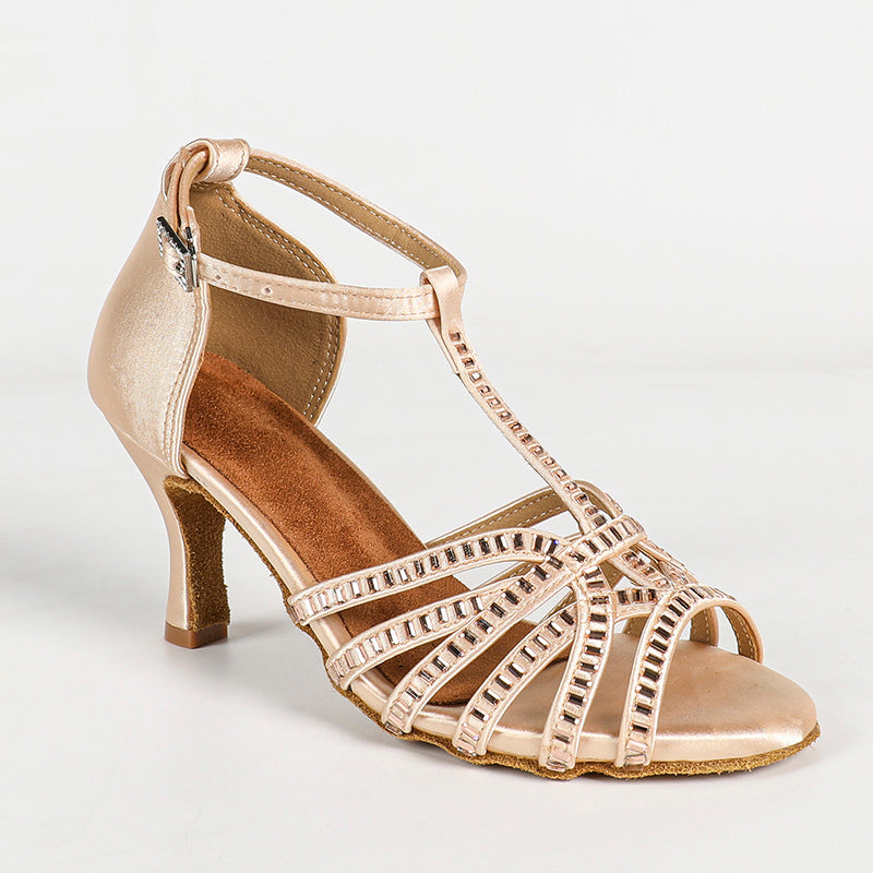 Women's Bronze Customized Heel Open Toe Satin Strappy Dance Shoes With Crystals