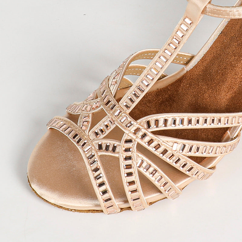 Women's Bronze Customized Heel Open Toe Satin Strappy Dance Shoes With Crystals