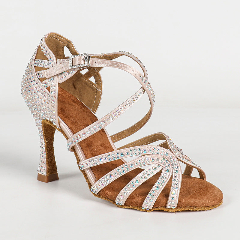 Women's Pink Strappy Satin Rhinestones Customized Heel Dance Shoes