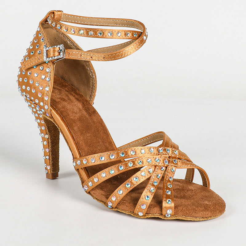 Women's Bronze Satin Rhinestones Customized Heel Latin Dance Shoes
