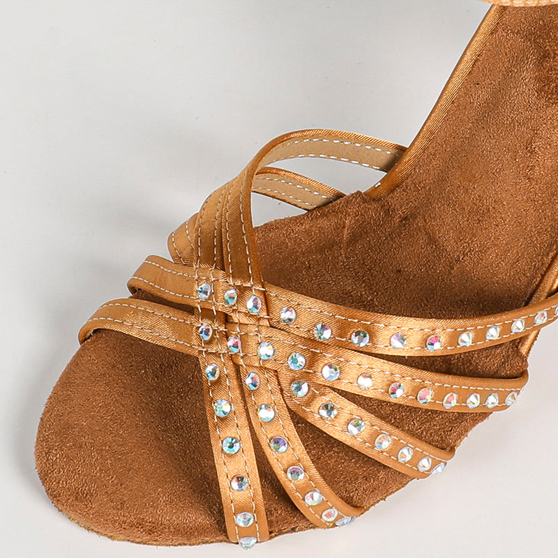 Women's Bronze Satin Rhinestones Customized Heel Latin Dance Shoes