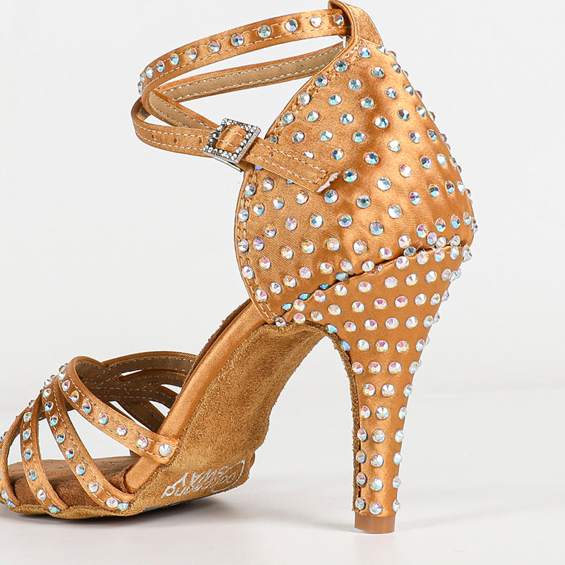 Women's Bronze Satin Rhinestones Customized Heel Latin Dance Shoes