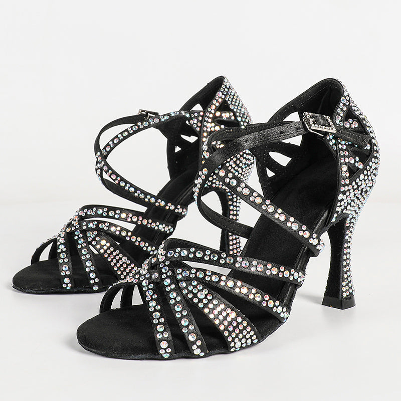 Women's Black Customized Heel Strappy Dance Shoes With Crystals