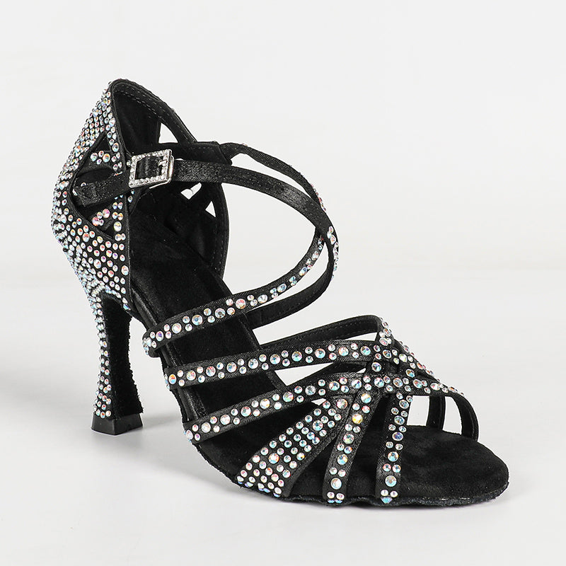 Women's Black Customized Heel Strappy Dance Shoes With Crystals