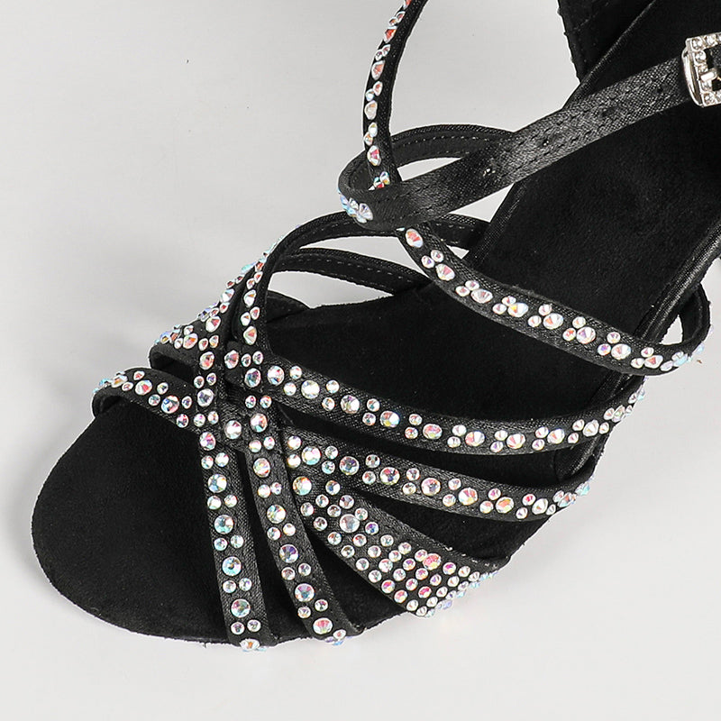 Women's Black Customized Heel Strappy Dance Shoes With Crystals