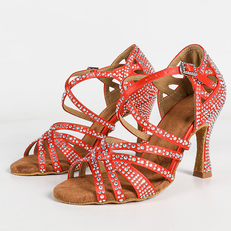 Women's Red Customized Heel Strappy Dance Shoes With Crystals