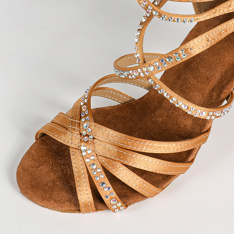 HW Women's Bronze Customized Heel Strappy Satin Rhinestones Dance Heels Latin Dance Shoes