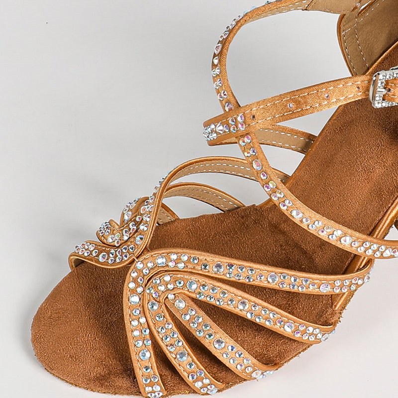Women's Bronze Strappy Satin Rhinestones Customized Heel Dance Shoes