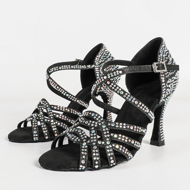 Women's Black Rhinestone Sparkling Glitter Customized Heel Dance Shoes