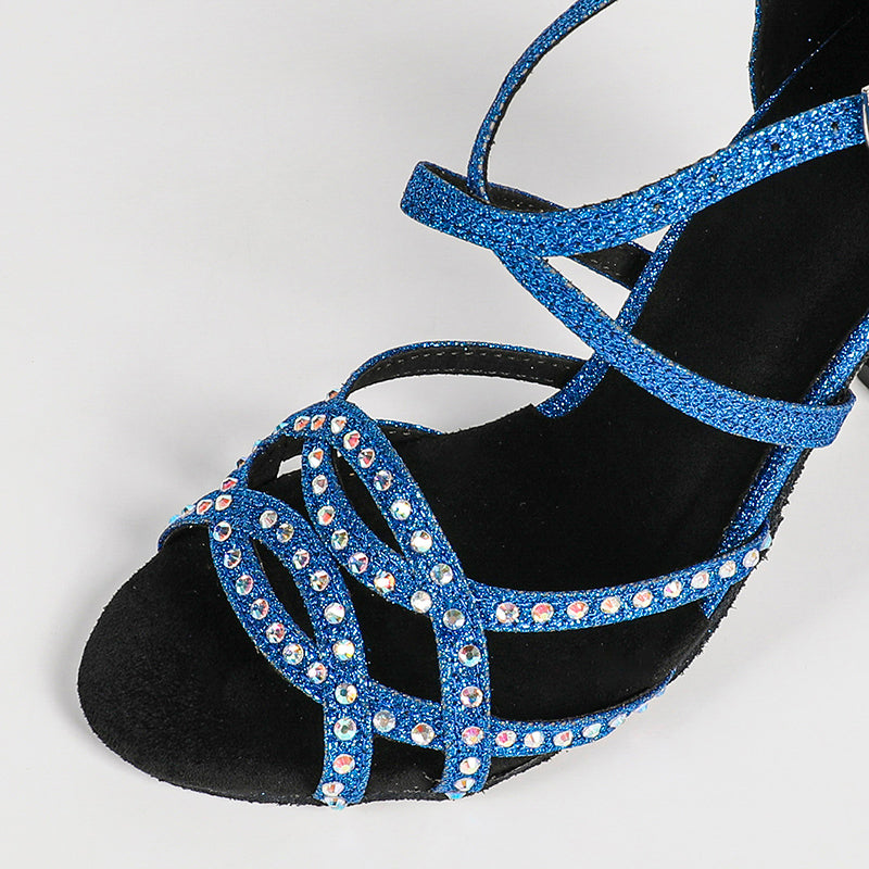 Women's Blue Rhinestone Satin Customized Heel Latin Dance Shoes