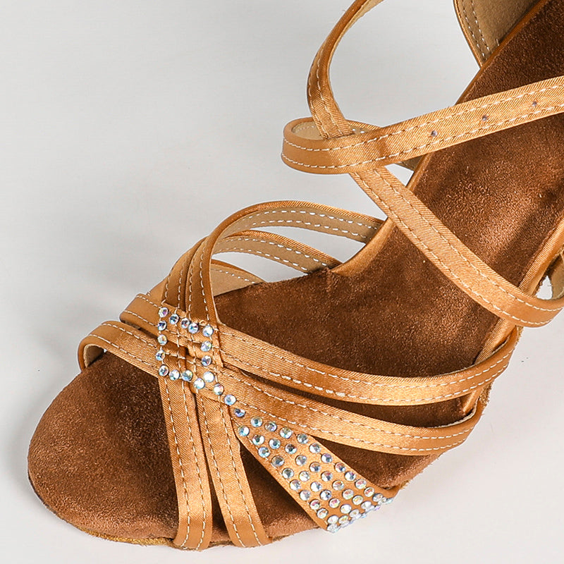 Women's Brown Semi Crystal Customized Heel Straps Latin Dance Shoes