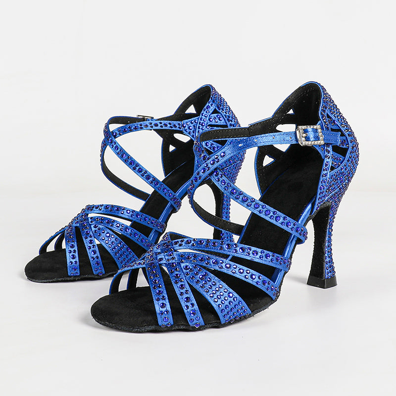 Women's Blue Customized Heel Strappy Dance Shoes With Crystals