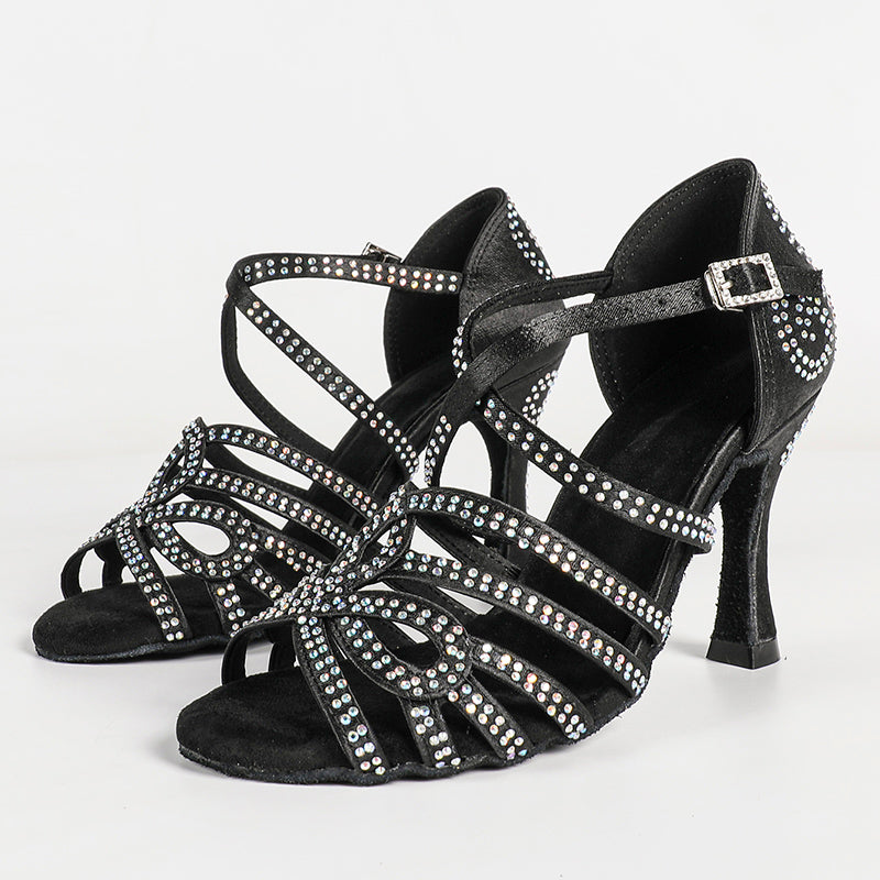 Women's Black Satin Customized Heel Ballroom Rhinestones Strappy Dance Shoes