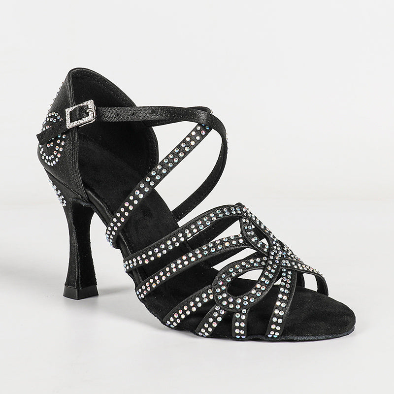 Women's Black Satin Customized Heel Ballroom Rhinestones Strappy Dance Shoes